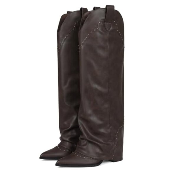 Women's Knee High Boots 3.7 Inch Heel Studded Fold Over Vegan Leather - Picture 2 of 7
